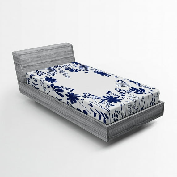 Ambesonne Spring Fitted Sheet, Botanic Flowers Leaves, Twin Size, Indigo White