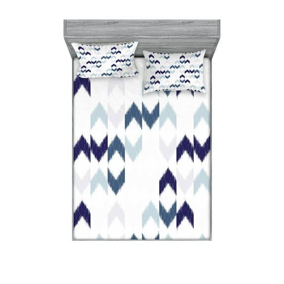 Navy Fitted Sheet & Pillow Sham Set, Abstract Ikat Primitive Ethnic Chevron Zigzag Folk Traditional Image, Decorative Printed 6 Piece Bedding Decor Set, Queen, Slate Blue Purple White, by Ambesonne
