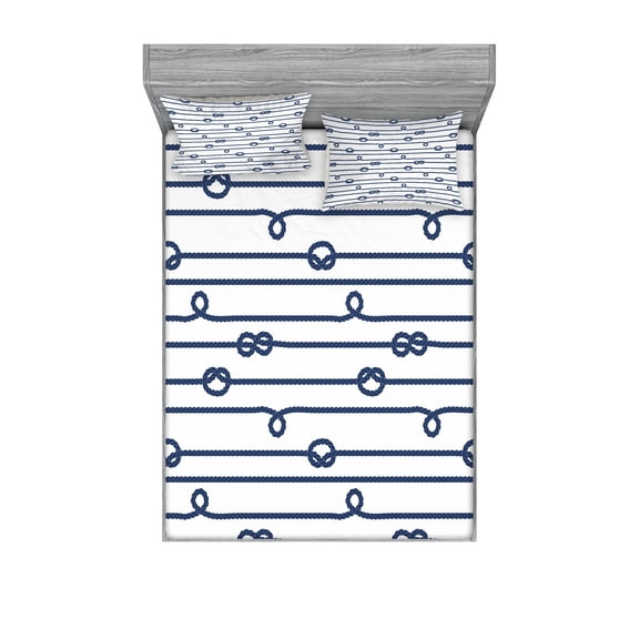 Navy Fitted Sheet & Pillow Sham Set, Ship Boat Sea Life and Marine Nautical Knots as Border Lines Art Print, Decorative Printed 6 Piece Bedding Decor Set, Queen, Navy Blue and White, by Ambesonne