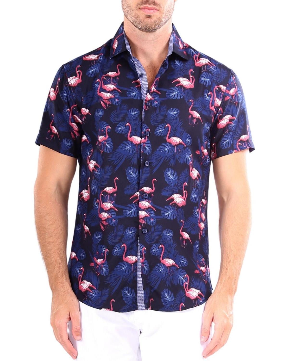 Navy Flamingo Button Up Short Sleeve Dress Shirt Navy Flamingo
