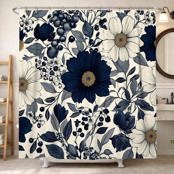 Navy Floral Leaf Berry Spring Toile Waterproof Polyester Shower Curtain for Bathroom and Guest Room