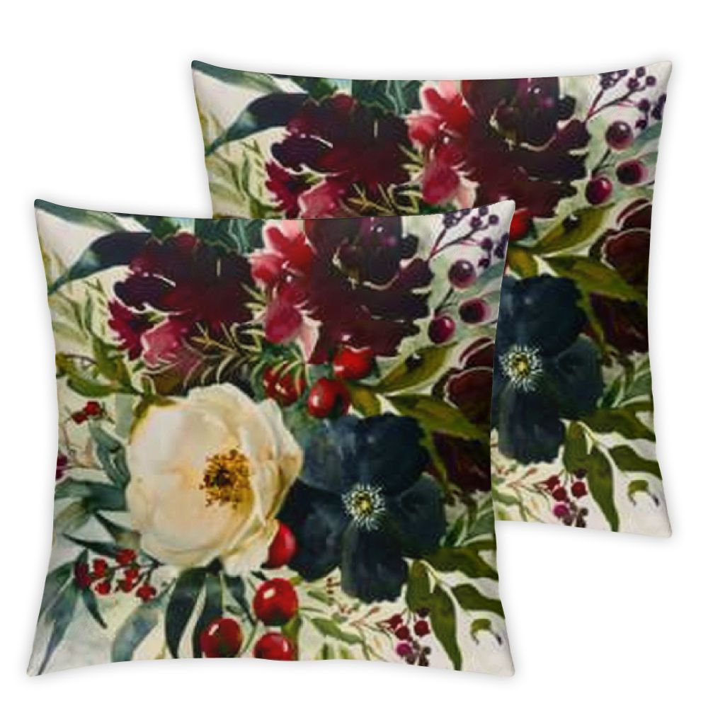 Navy Floral Pillow Covers Set of 2 Burgundy White Navy Blue with Golden