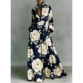 thumbnail image 1 of Navy Floral Print High-Collar Long Sleeve Shirt Dress With Button Front And Pockets, 1 of 8
