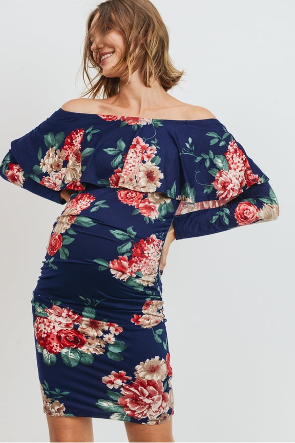 Navy Floral Print Off the Shoulder Maternity Dress