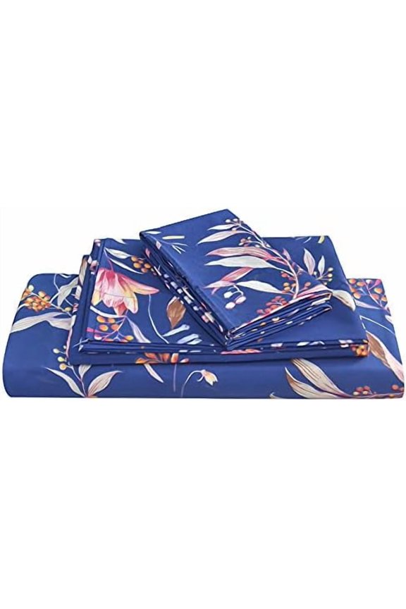 Navy Floral Sheet Set Queen Size, 4 Piece Soft Printed Microfiber Sheets Extra Deep Pocket