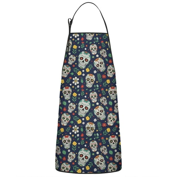 Navy Floral Skull Pattern Apron-Garden Aprons for Women with Pockets-Cotton Linen Waterproof Kitchen Cooking Gardening Aprons Adjustable for Kitchen,Cooking,BBQ and Salon 33x27 Inch