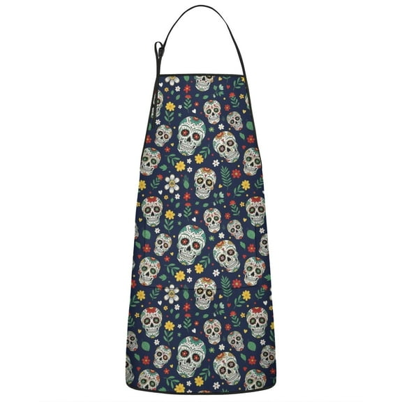 Navy Floral Skull Pattern Apron-Garden Aprons for Women with Pockets-Cotton Linen Waterproof Kitchen Cooking Gardening Aprons Adjustable for Kitchen,Cooking,BBQ and Salon 33x27 Inch