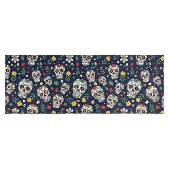 Navy Floral Skull Pattern Kitchen Rug Mat,Kitchen Runner Rugs Non Skid Washable,Decorative Kitchen Floor Mats for Kitchen,Sink,Laundry,17"X47"
