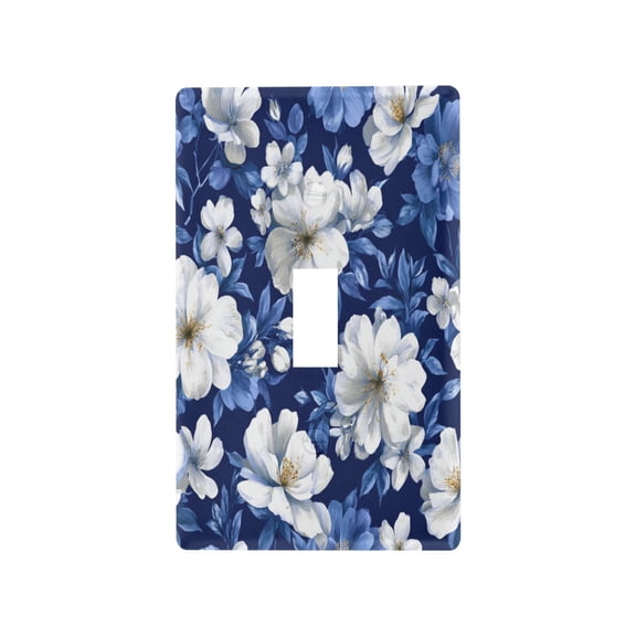 Navy Floral Whites Flowers Decorative Wall Plate, Flame Retardant PC Plastic Light Switch & Outlet Cover with Mounting Screws Fits Toggle Switch