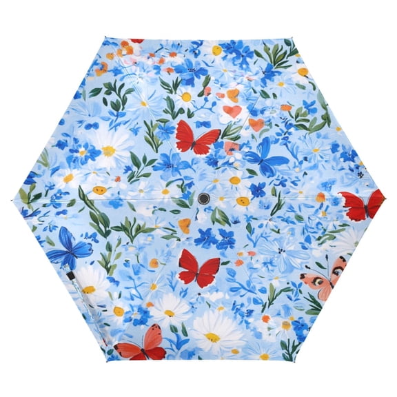 Navy Floral and Butterfly Folding Umbrella UV50+ Waterproof Sun Protection Auto Open Close Compact Fiberglass Frame