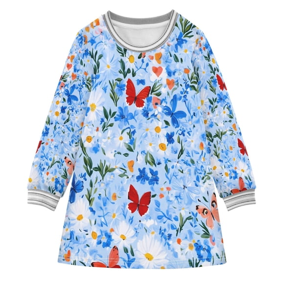 Navy Floral and Butterfly Girls'long-sleeved dress Thickened A-dress Warm Dress Basic Shirt Party Dresses