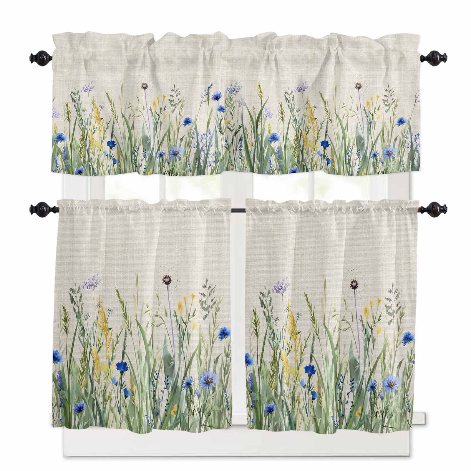 Navy Flower Kitchen Curtains Valance and Tier Set Blue-green Leaf Watercolor Vintage Linen Rod Pocket Short Curtains for Small Window 3 Pieces Set for Bedroom Bathroom Cafe (54" x 18"+27" x 36")