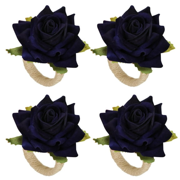 Navy Flower Napkin Rings Set of 4 Floral Napkin Rings Rose Napkin Holder Handcraft Flower Napkin Rings Wedding Table Decoration for Valentine's Day Wedding Banquet Birthday Party (Navy Rose)