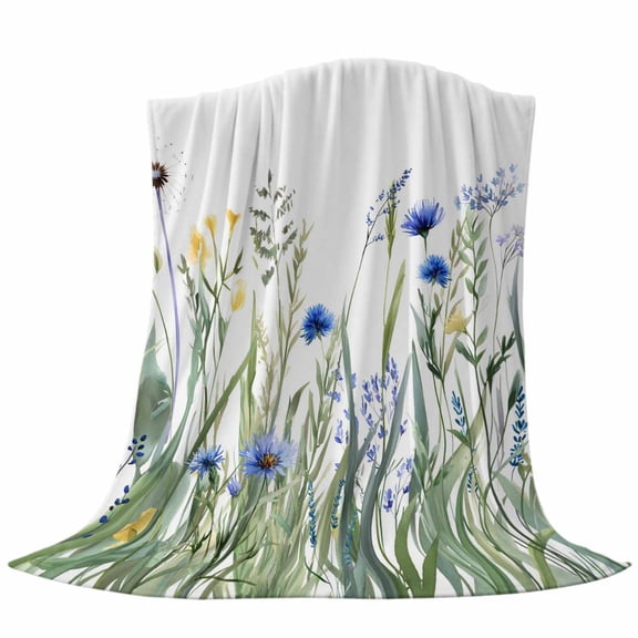 Navy Flower Throw Flannel Blanket Blue Green Leaf Watercolor Hand Painted Super Soft Cozy Bed Blanket, Lightweight Plush Fuzzy Bed Throw for Bedroom Sofa Couch Living Room 40x60In,