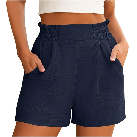 Navy Flowy Ruched High Waisted Paperbag Straight Leg Basic Brunch Stretch Shorts for Women Summer Fall Faux Gauze Linen Loose Fit Shorts Teen Girls 2025 XXL