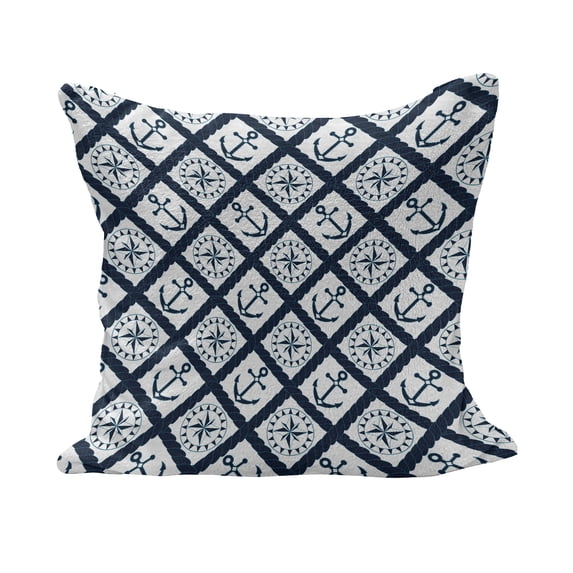 Navy Fluffy Throw Pillow Cushion Cover, Nautical Pattern with Anchor and Windrose in Stripes Navigation Sea Adventure, Decorative Square Accent Pillow Case, 40" x 40", Indigo White, by Ambesonne
