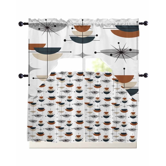 Navy Geometric Boho Swag Kitchen Curtains Sets for Windows 24 Inch Length, Bohemian Abstract Color Block Short Window Curtain Panels Swags Valances and Tiers 3 Piece Set for Cafe/Dining Room