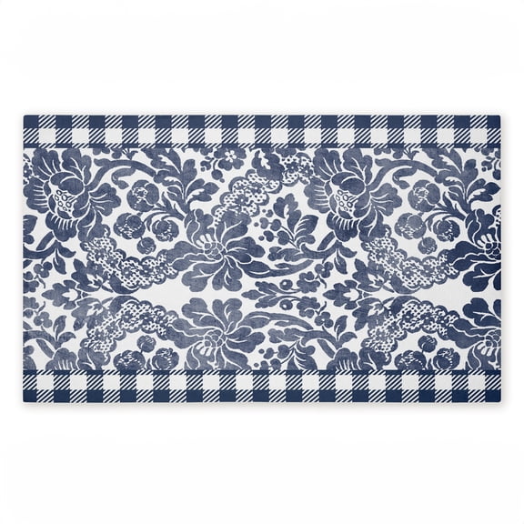Navy Gingham Florals Printed Outdoor Door Mat, design by Kim Allen, 18"x30"
