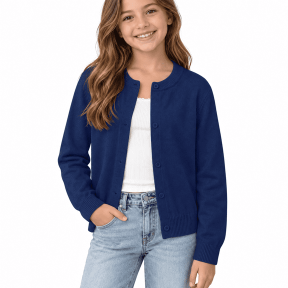 Navy Girls Button Front Cardigan Sweater Size 10-11 Years, Long Sleeve Crew Neck Knit Jacket for School Uniform, Casual Layering Fall Spring Everyday Wear