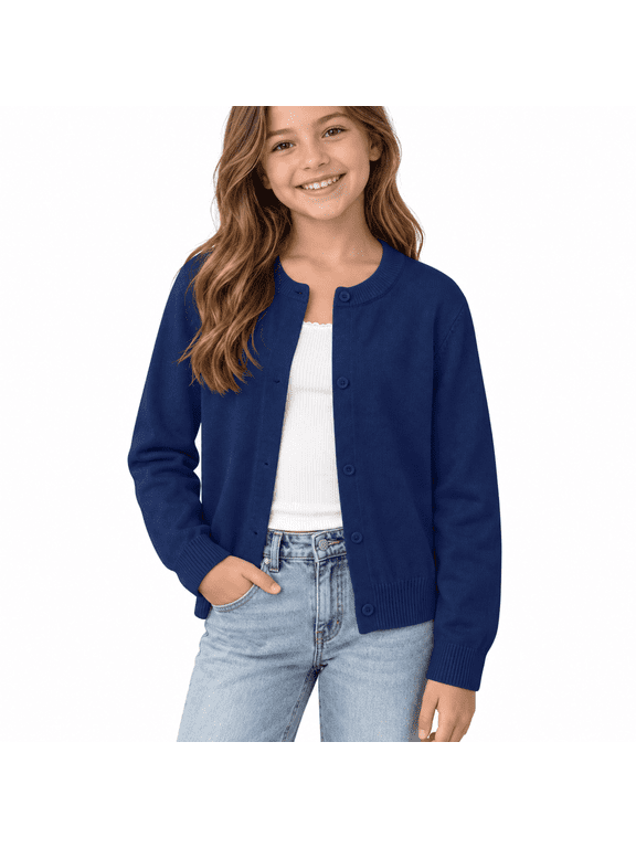 Navy Girls Button Front Cardigan Sweater Size 10-11 Years, Long Sleeve Crew Neck Knit Jacket for School Uniform, Casual Layering Fall Spring Everyday Wear