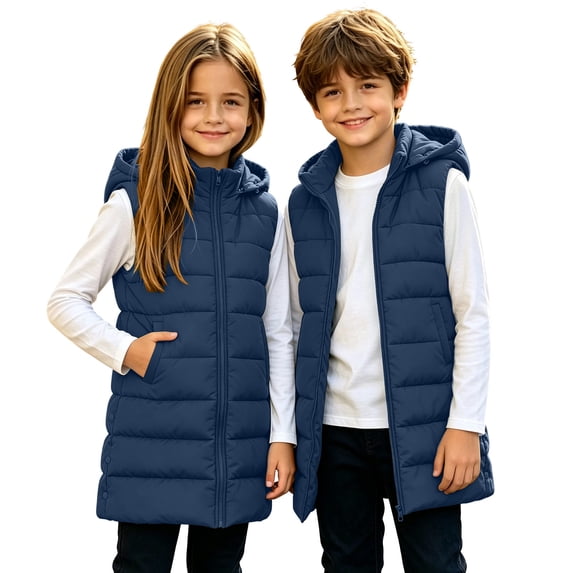 Navy Girls Puffer Vest Size 10-12 Years, Unisex Kids Lightweight Zip Up Hooded Winter Vests, Sleeveless Quilted Long Jackets