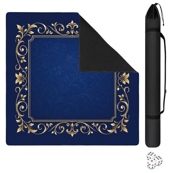 Navy Gold Baroque Floral Frame_02 Mahjong Mat 31.5x31.5 Inch | Non-Slip And Noise Reduction Mah Jong Table Mat Cover with Carrying Bag For Mahjong Lovers, Poker, Board Games And Dominoes