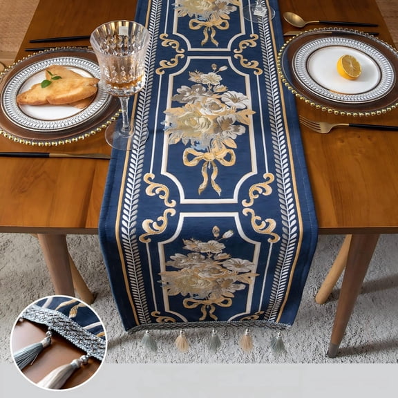 Navy Gold Baroque Runner 14x47 Inch – Rococo Bow & Floral for Console, Luxury Accent