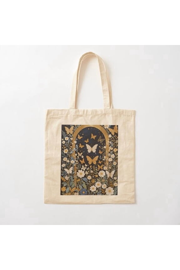 Navy & Gold Butterflies Arch Canvas Tote Bags, Reusable Shopping Bag