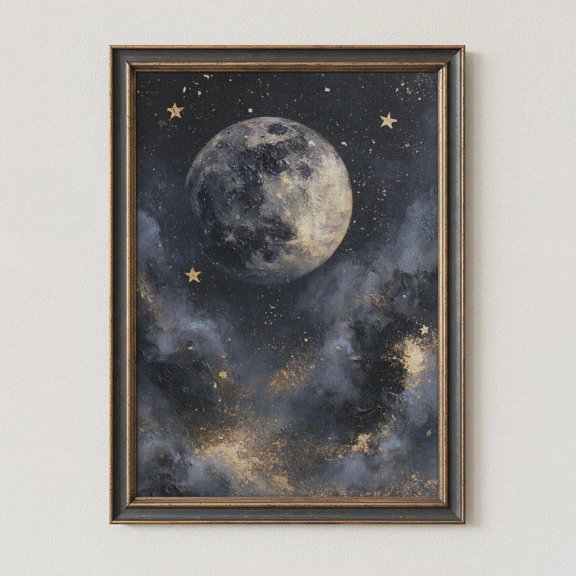 Navy Gold Celestial Moon Wall Art Print, Mystical Stars And Elegant Night Sky Decor