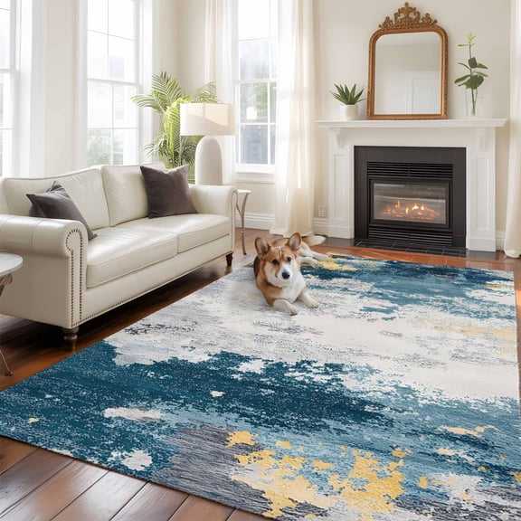 Navy Gold Gray Area Rugs 5x7 ft Abstract Art Mottled Old Gradient Color Washable Rug Non Slip Indoor Carpet Absorbent Floor Mat for Living Room Bedroom Dining Room