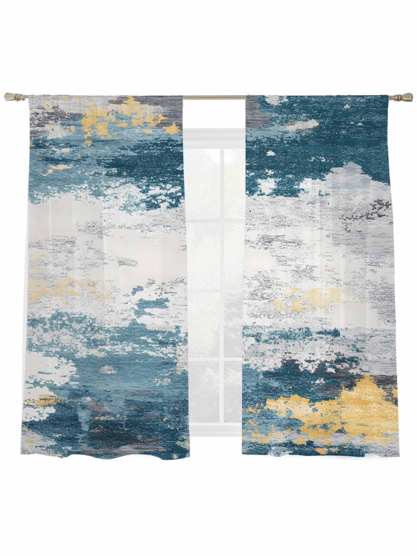 Navy Gold Gray Sheer Curtains for Living Room Bedroom, Abstract Art Mottled Old Gradient Color Light Filtering Sheer Curtains, Rod Pocket Voile Window Drapes, 2 Panels Set 52"x 63"