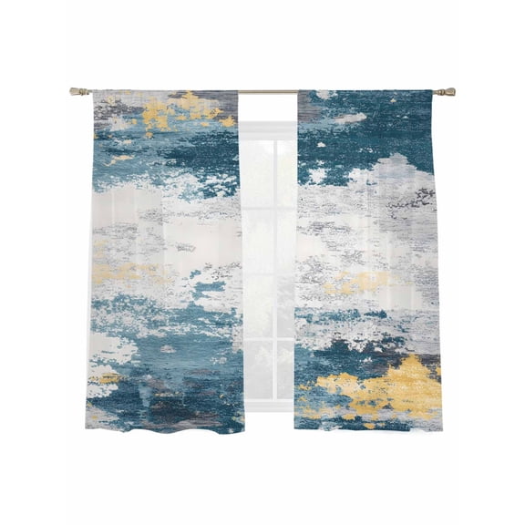 Navy Gold Gray Sheer Curtains for Living Room Bedroom, Abstract Art Mottled Old Gradient Color Light Filtering Sheer Curtains, Rod Pocket Voile Window Drapes, 2 Panels Set 52"x 63"