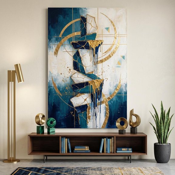 Navy Gold Kintsugi Poster, Unframed Paper Poster 8x10in