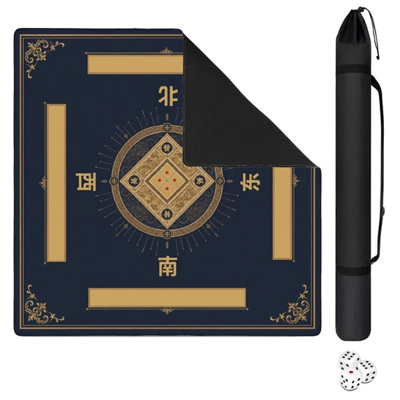 Navy Gold Mahjong Motif Oriental Mahjong Mat 31.5x31.5 Inch | Non-Slip And Noise Reduction Mah Jong Table Mat Cover with Carrying Bag For Mahjong Lovers, Poker, Board Games And Dominoes
