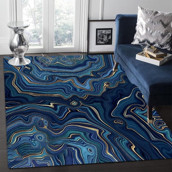 Navy Gold Marble Area Rug, Swirl Modern Abstract Indoor Rugs Simple Printing Texture Non-Slip Carpet For Living Room Home Decoration 5 x 7ft