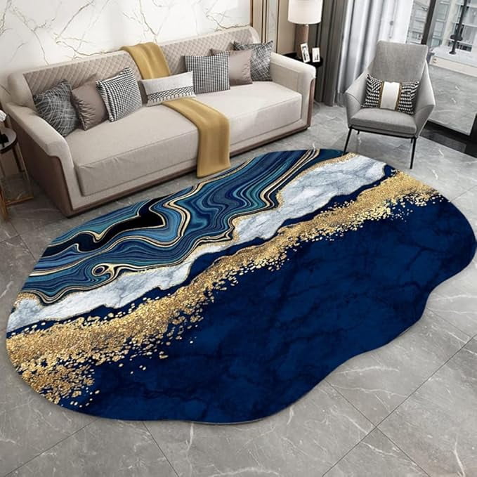 Navy Gold Marble Pattern Abstract Shaped Area Rug Washable Soft Thick ...