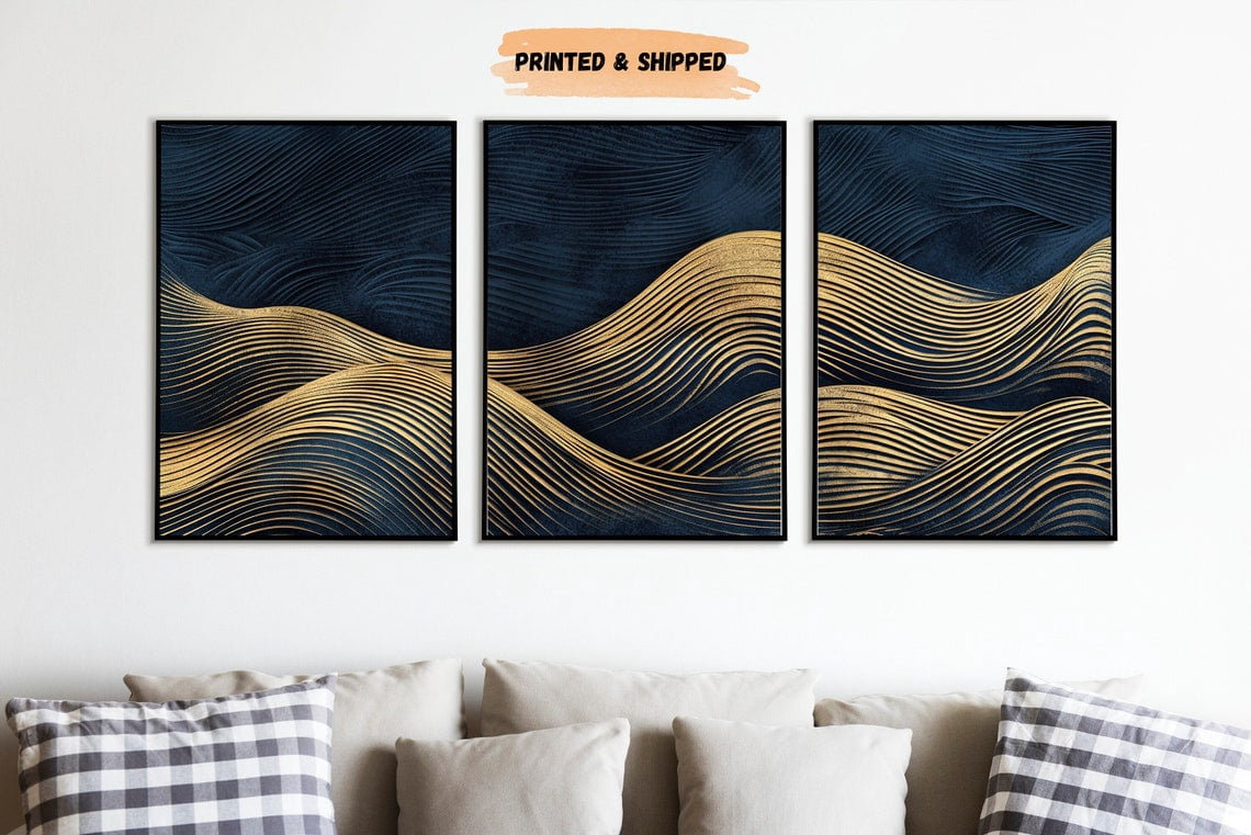 Navy Gold Ocean Wave Abstract Wall Art Set 3 Unframed Paper Print 8x12 ...