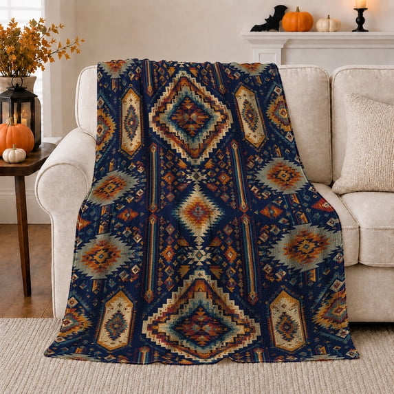 Navy Gold Southwestern Diamonds, Regal Rustic Style for Geometric Art Lovers, Desert Medallion Pattern and Housewarming Gift, Warm Flannel Blanket for Lodge and Study Room, Home Decor