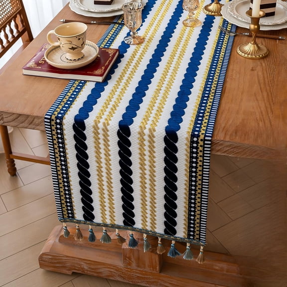 Navy Gold Table Runner 14x71 Inch – Long Table Statement for New Year’s Gala, Corporate Event, Luxury Dining – Geometric Border Detail