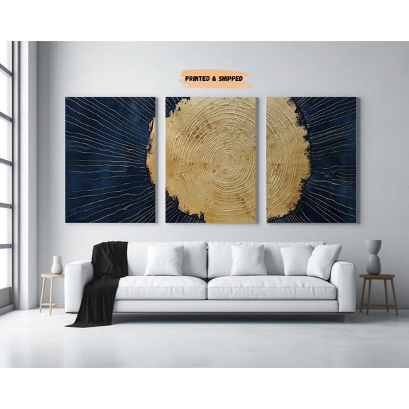 Navy Gold Tree Ring Abstract Wall Art Set 3 Unframed Paper Print 8x12