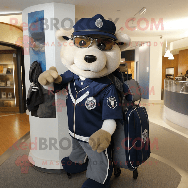 Navy Golf Bag REDBROKOLY mascot costume character dressed with a Moto Jacket and Backpacks