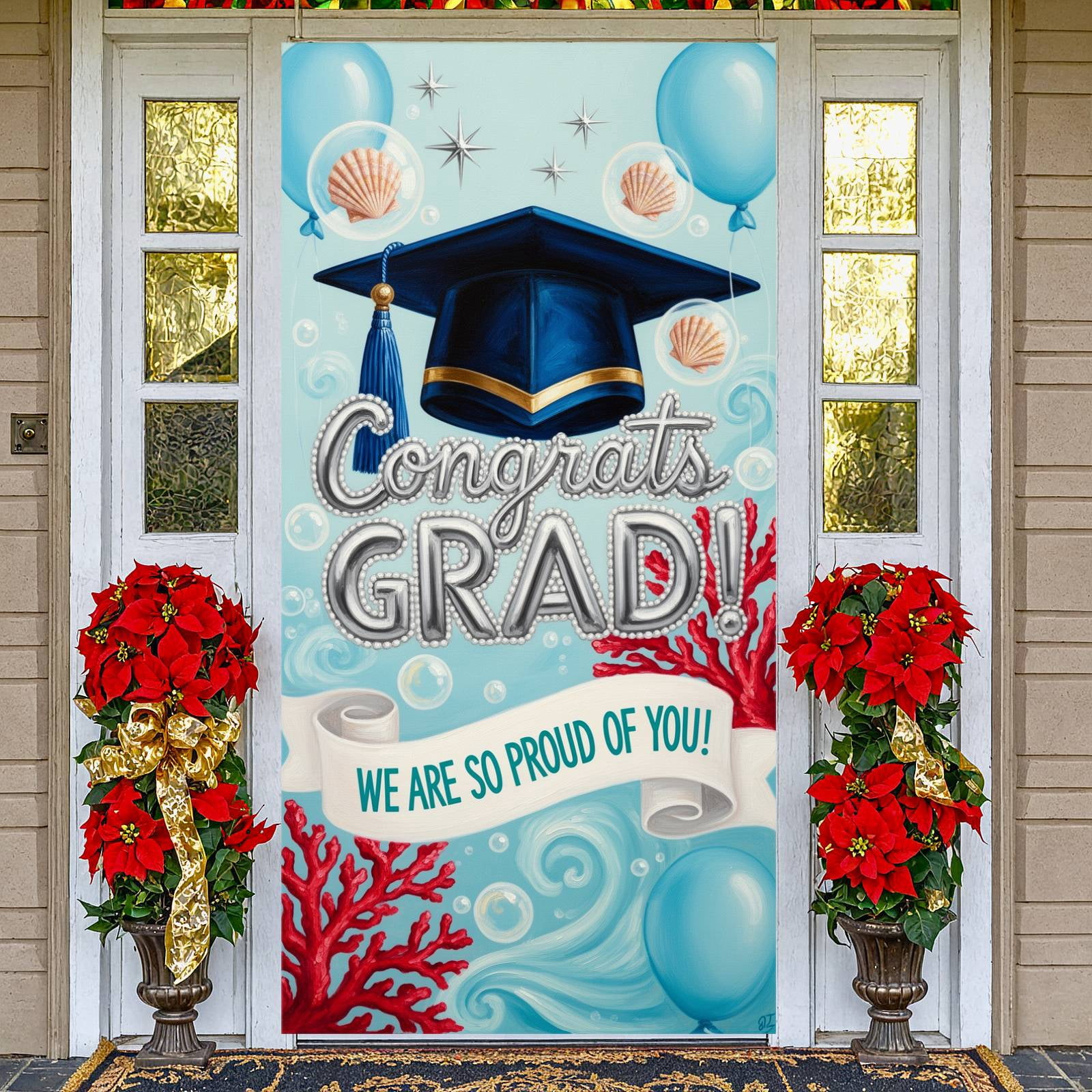 Navy Grad Sign Navy Grad Cap Congrats Grad Banner Light Blue Balloons Graduation ...