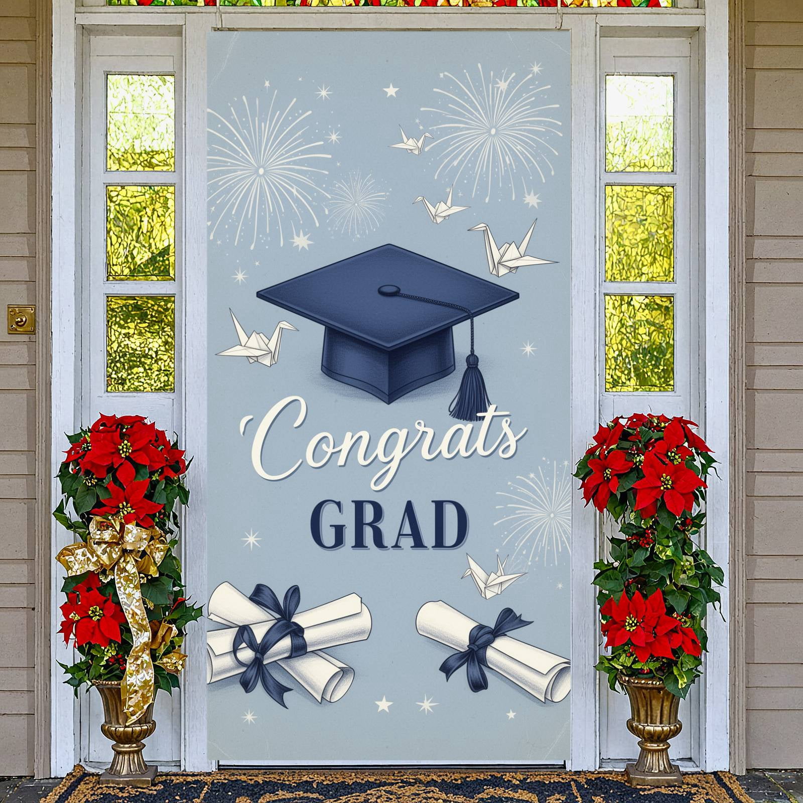 Graduation Batten Navy Grad Cap Graduation Banner White Origami Cranes Graduation ...