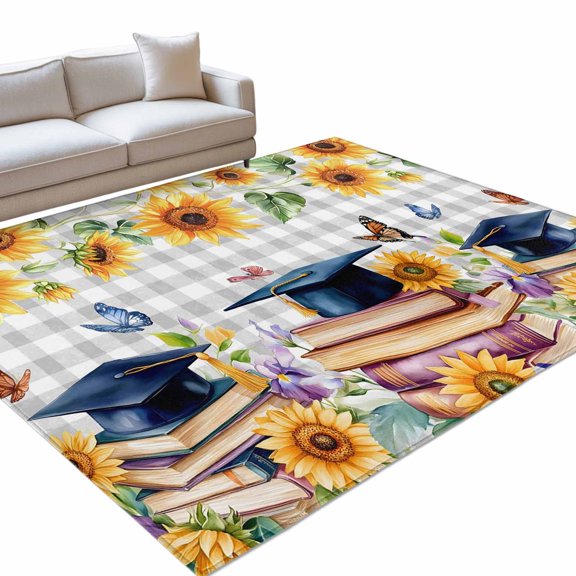 Navy Graduation Cap Large Area Rugs 8x10ft Yellow Sunflower Vintage Books Butterfly Farmhouse Washable Rug, Non Slip Indoor Carpet Absorbent Floor Mat for Living Room Bedroom Dining Room