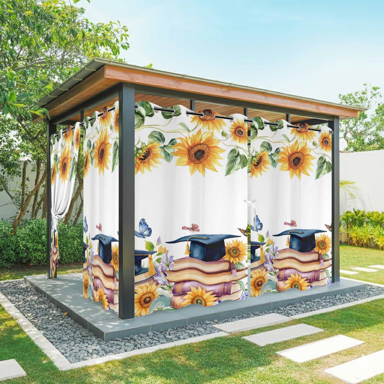 Navy Graduation Cap Outdoor Curtains for Patio, Yellow Watercolor Sunflower Flower Vintage Books Butterfly Sunshade Privacy Drapes Grommet Waterproof Outside Curtains for Porch 54"x108", 1 Panel