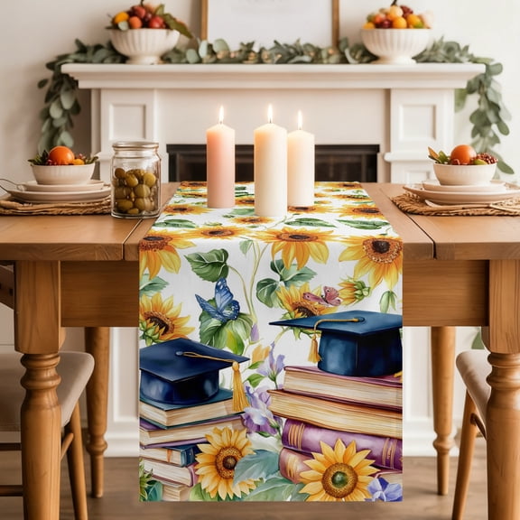 Navy Graduation Cap Table Runner 13x48 Inch Yellow Sunflower Flower Vintage Books Butterfly Cotton Linen Dining Table Runner Ideal for Dresser Kitchen Coffee Tables - Machine Washable