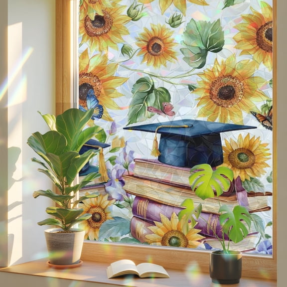 Navy Graduation Cap Window Privacy Film, Yellow Sunflower Flower Vintage Books Butterfly Stained Glass Rainbow Film Decorative Window Clings, Static Cling Sun Blocking Stickers 19.6" x 39.3"
