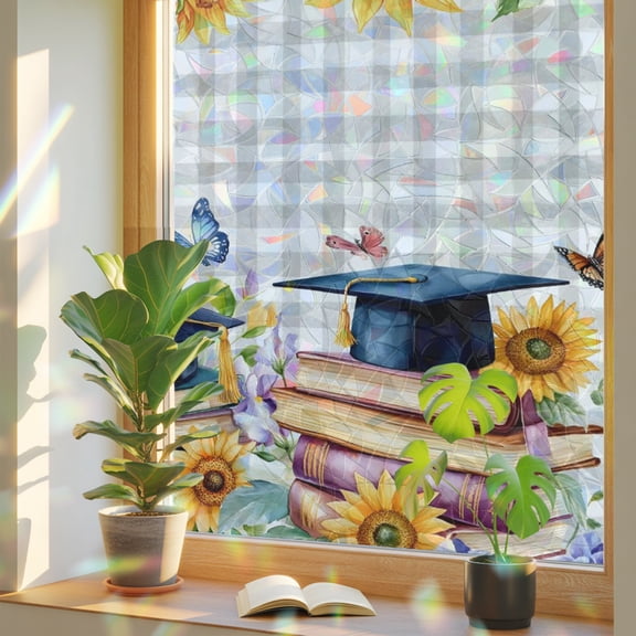 Navy Graduation Cap Window Privacy Film, Yellow Sunflower Vintage Books Butterfly Farmhouse Stained Glass Rainbow Film Decorative Window Clings, Static Cling Sun Blocking Stickers 17.7" x 39.3"