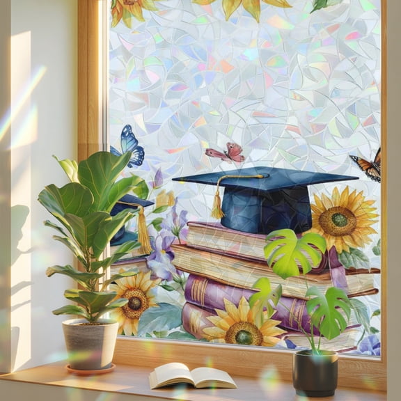 Navy Graduation Cap Window Privacy Film, Yellow Watercolor Sunflower Flower Vintage Books Butterfly Stained Glass Rainbow Film Decorative Window Clings, Static Cling Sun Blocking Stickers 17.7"x39.3"