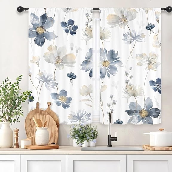 Navy Gray Floral Flower Curtains Short Cute Boho Spring Rustic Botanical Wildflower Watercolor Rod Pocket For Women Female Girls Bedroom Living Room 26"W x 24"L (Pack of 2)